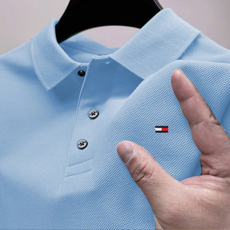 Mens monochrome shirt short sleeved embroidered POLO flip down street top mens summer style 241213