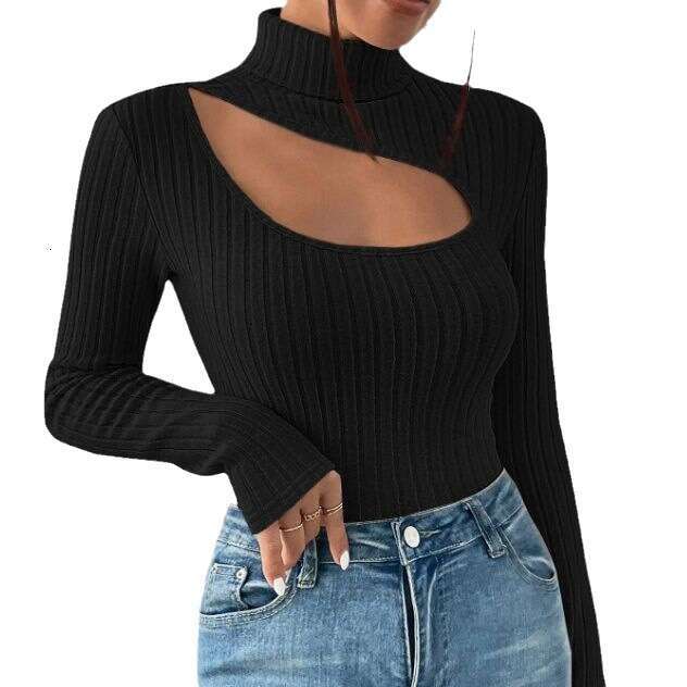 2023 Autumn New European and American Front Chest Hollow Bottom Shirt Women, High Collar Long Sleeve Slimming T-shirt for Women