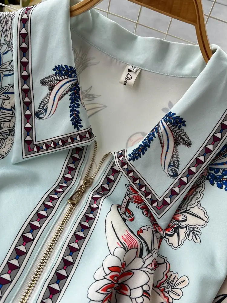 Summer Fashion Retro Zipper Mini Dress Womens Short Sleeve Lapel Collar Vintage Flower Print A Line Belt Beach Vestidos 241213