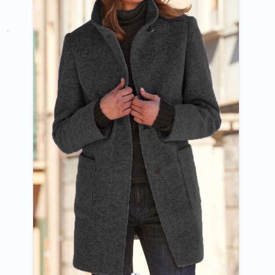 Autumn Winter New For Women, Cross-Border European And American Stand Up Collar, Retro Solid Color, Women's Woolen Coat With Ing, Fashionable Qua