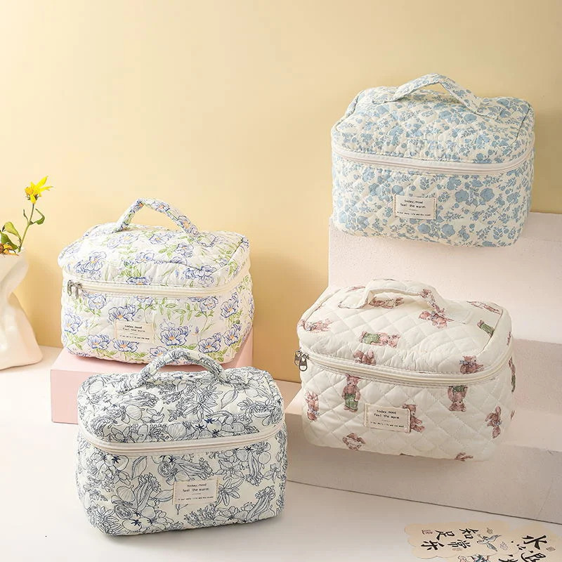 3PCS Fashion Vintage Flower Women Makeup Bag Cotton Tote Female Cosmetic Storage Handbag Large Capacity Travel Organizer 241212