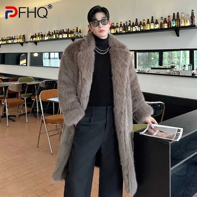 PFHQ Mens Faux Fur Overcoats Korean Style Turn-down Collar Solid Color Breasted Casual Male Thick Loose Male Windbreaker 9C8840 W241213