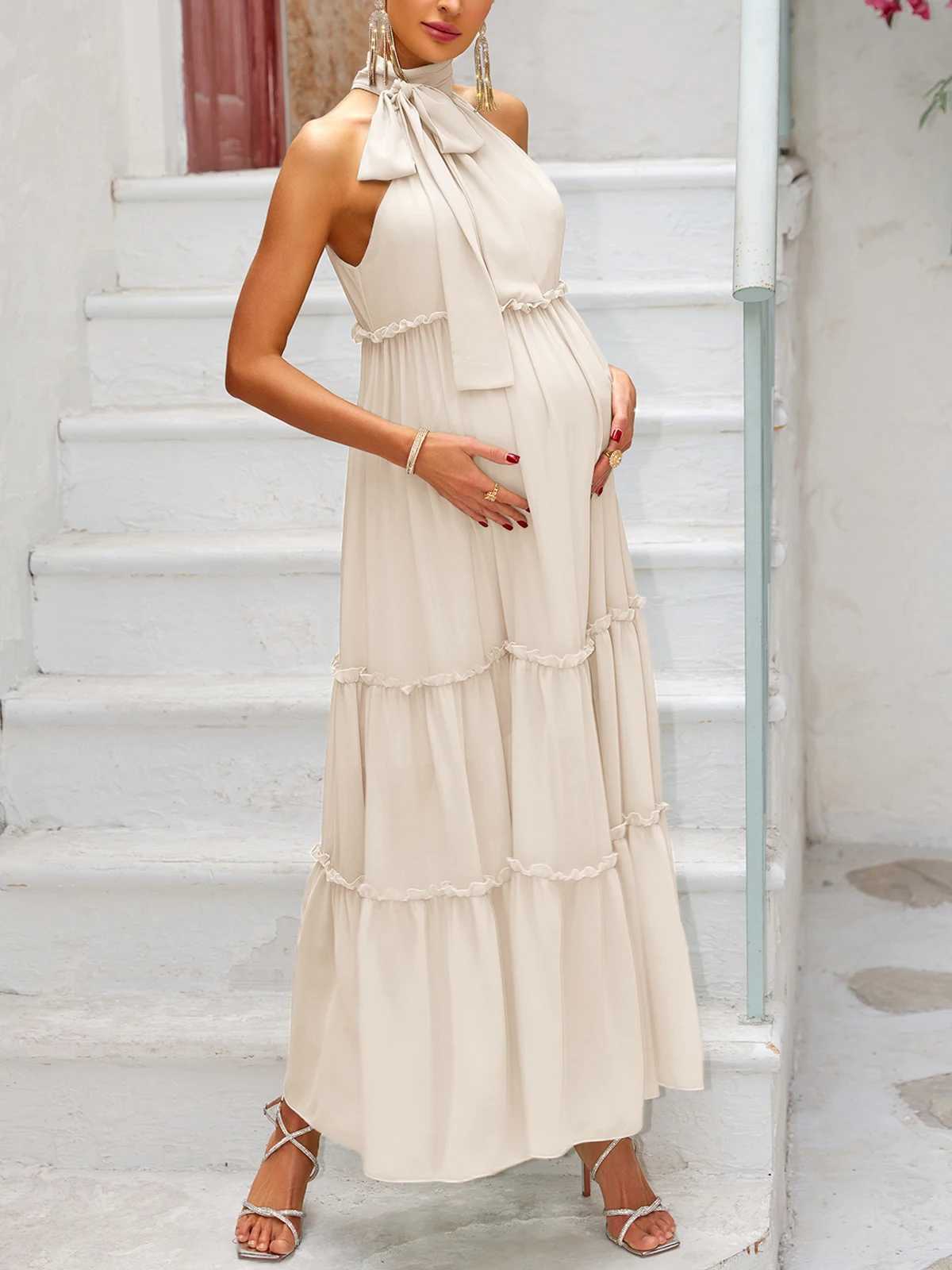 ItsRoya Chiffon O Neck Casual Materni Dress Loose Ruffle Pregnant Photography Props Dresses Sleeveless Women Dress With RibbonXJ241213
