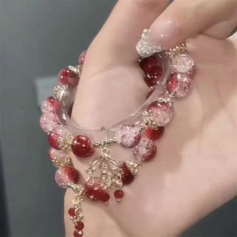 Korean Sweet Cute Flowers Pendant Beaded Bracelet For Women Green Crystal Glass Beaded Chain Bracelet Y2k Jewelry GiftsXJ241214
