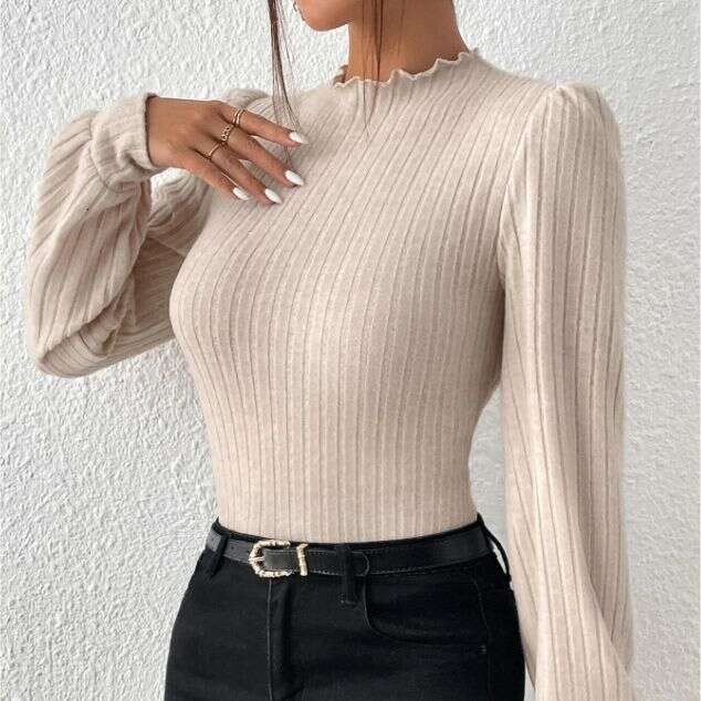 2023 hot selg short inner top autumn European and American trimmed high neck long sleeved slim fit base