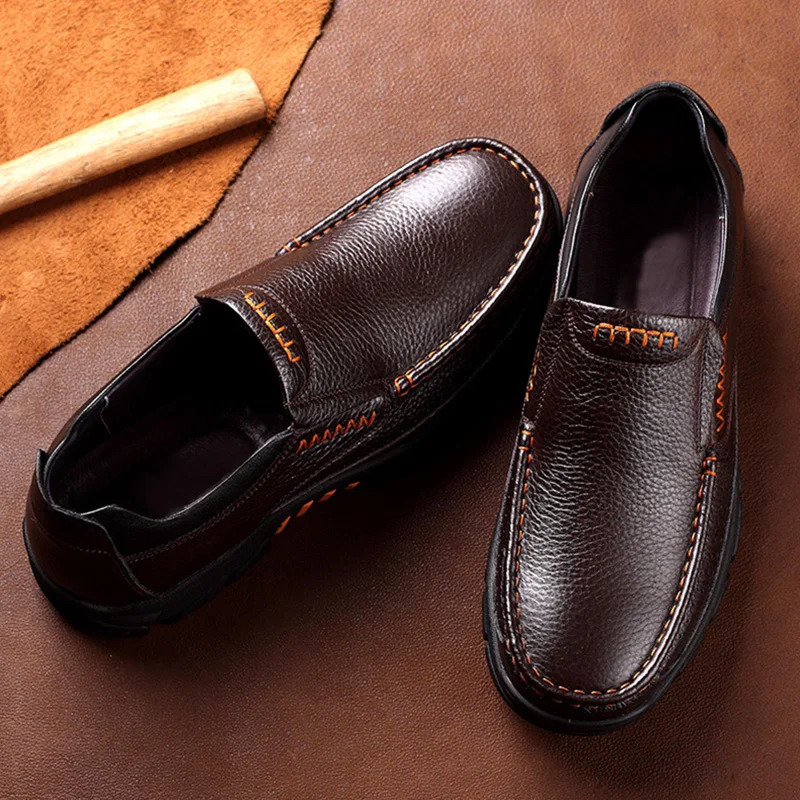 100% Genuine Leather Shoes Men Loafers Soft Cowhide Mens Casual Male Footwear Black Brown Slipon Thick Sole 241214