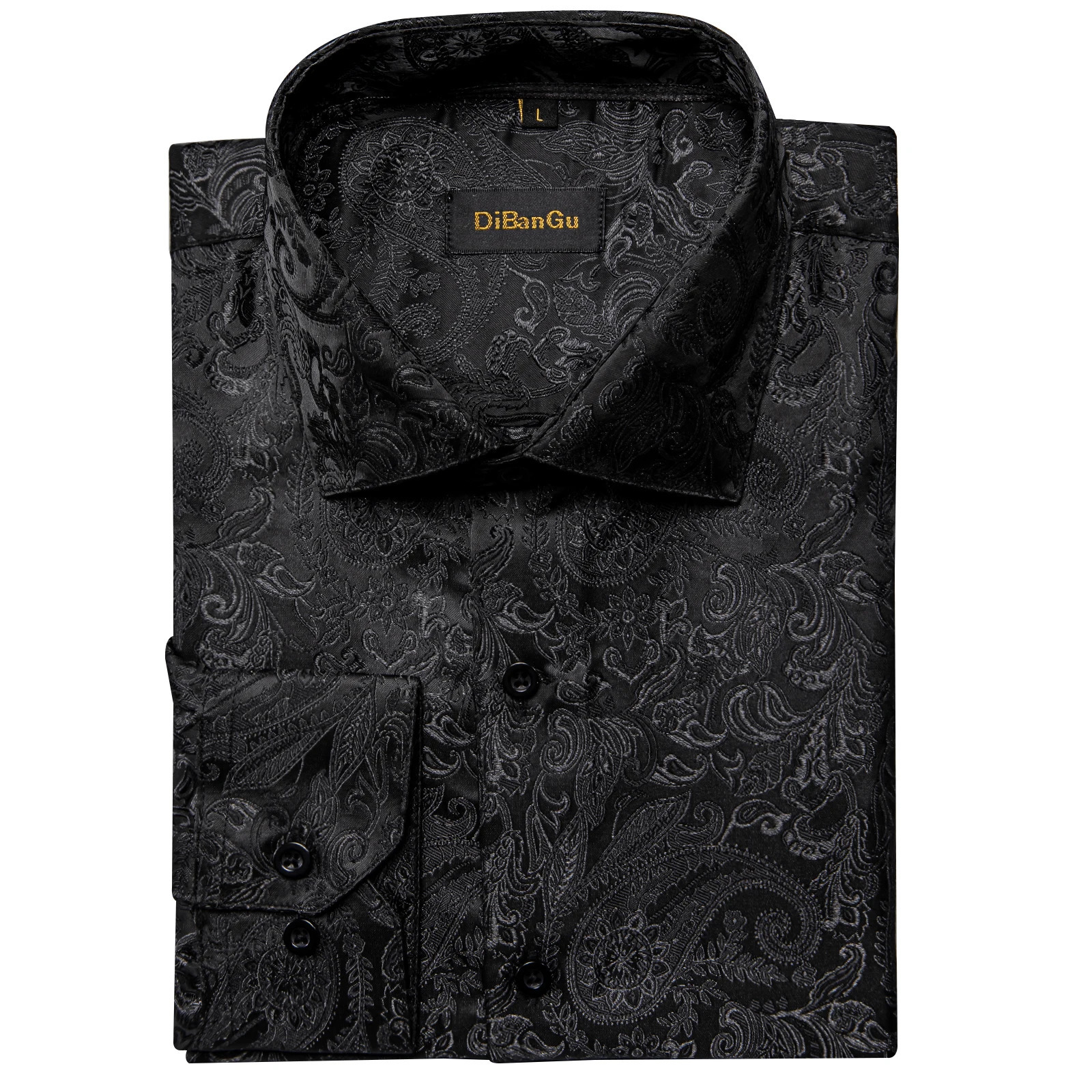 DiBanGu Silk Polyester Dress Shirts for Men Black Solid Paisley Red Silver Long Sleeve Turn Down Collar Prom Social Mens Shirt 241213