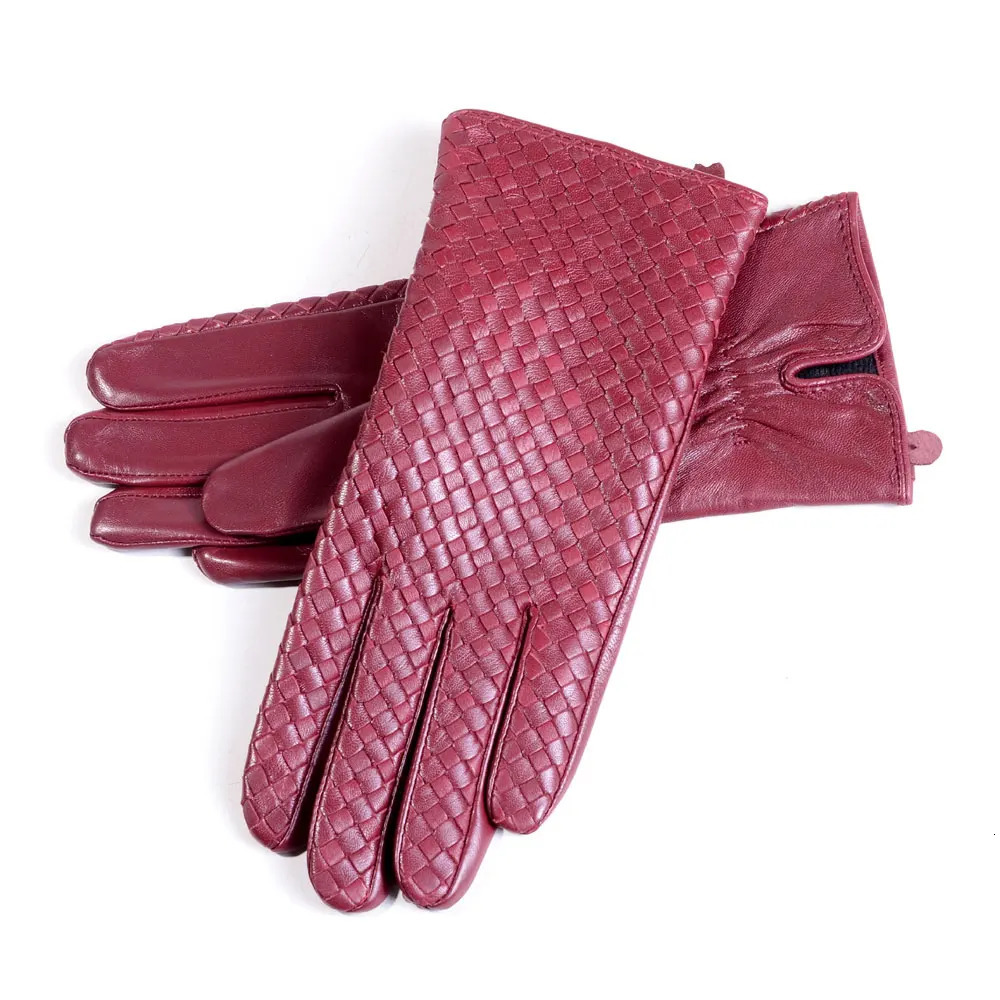 Womens 100% Real Leather Winter Warm Elegant Woven Lambskin Goatskin Classical Driving Riding Touch Screen Short Gloves 241213