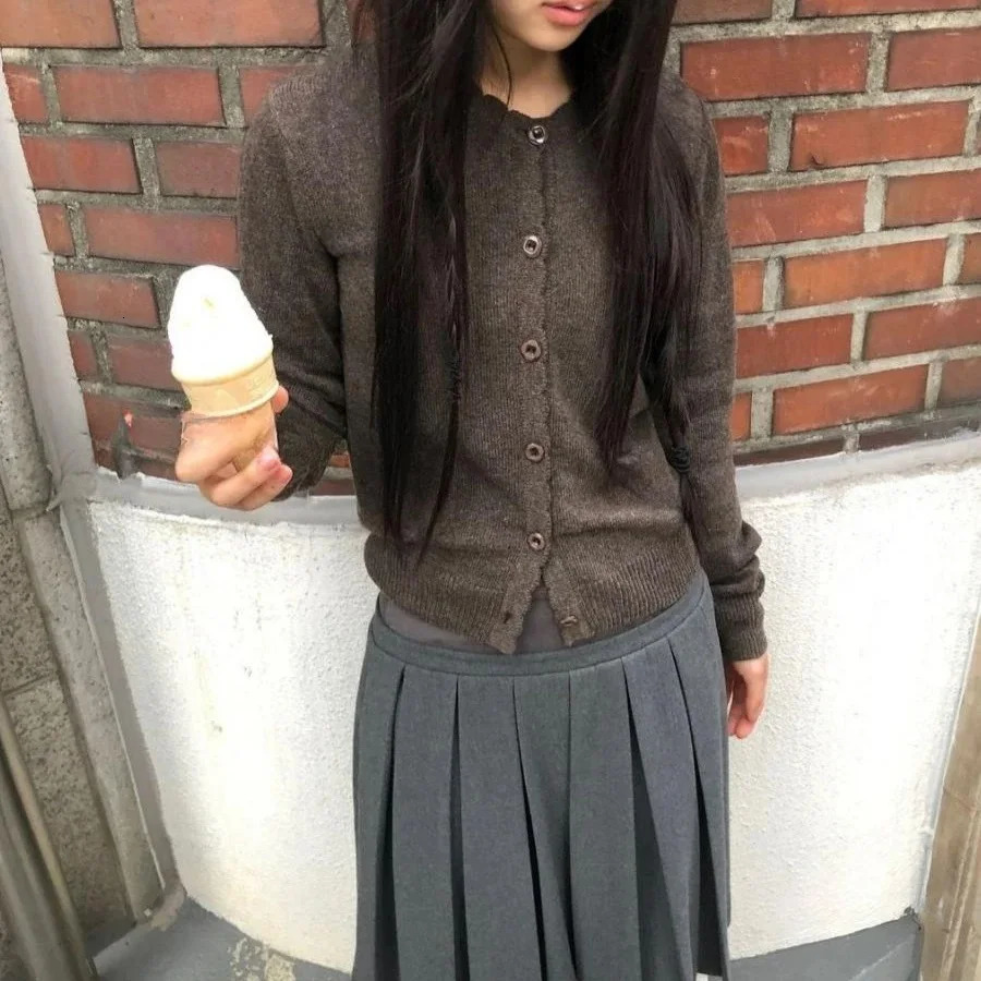 Womens Knitted Cardigan Sweater Japanese Single Breasted Long Sleeved Round Neck for Button Jacket 241214