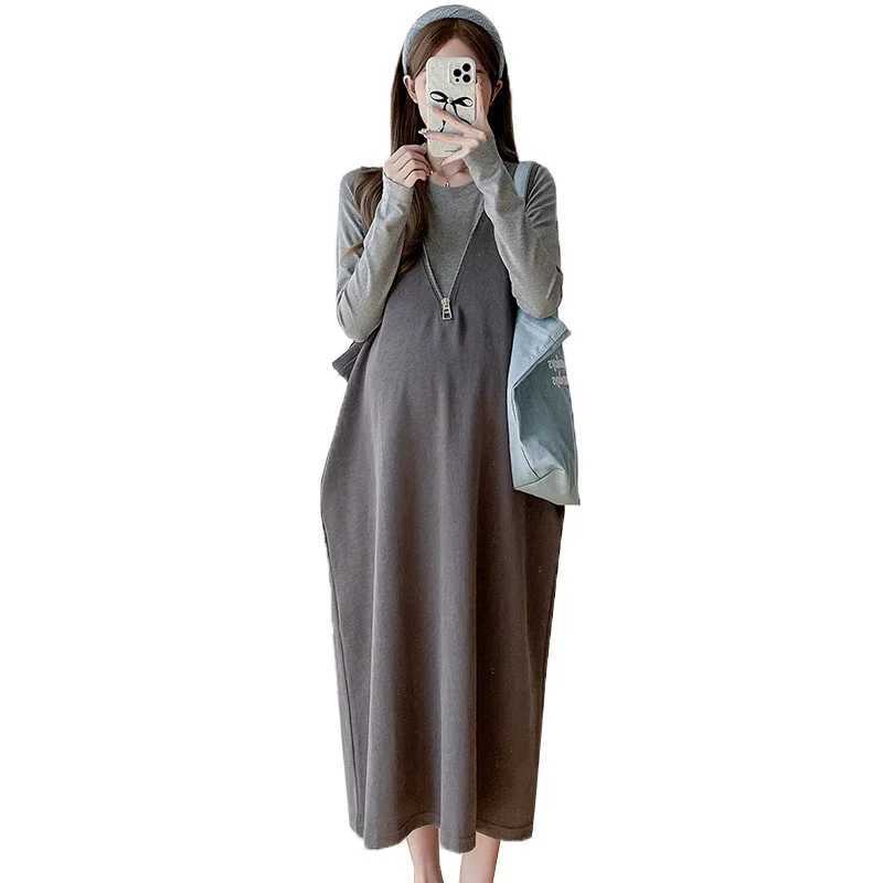 French Sle Materni Autumn Clothes Sleeveless Zipper Fly V-neck Pregnant Woman Tank Dress Long Loose Pregnancy Oversize DressXJ241213