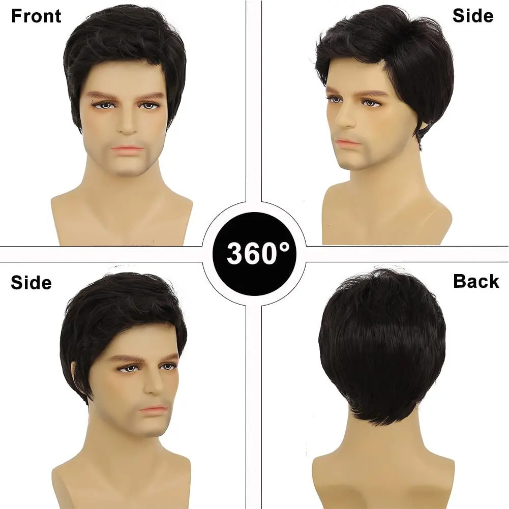 Black Wigs for Men Short Side Part Natural Layered Fluffy Synthetic Mens Wig for Daily Party Halloween Cosplay with Wig Cap 241213
