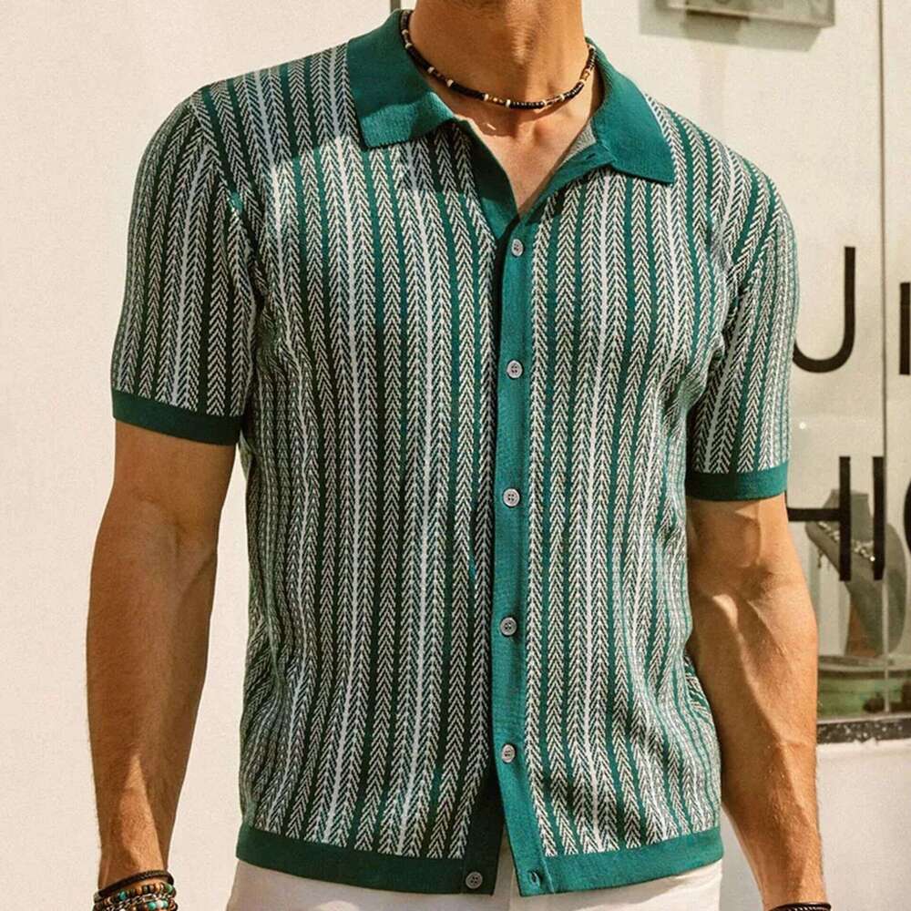 European And American Men's High-End Short Sleeved Knitted Sweater For Summer, New Striped Jacquard Business Polo Shirt