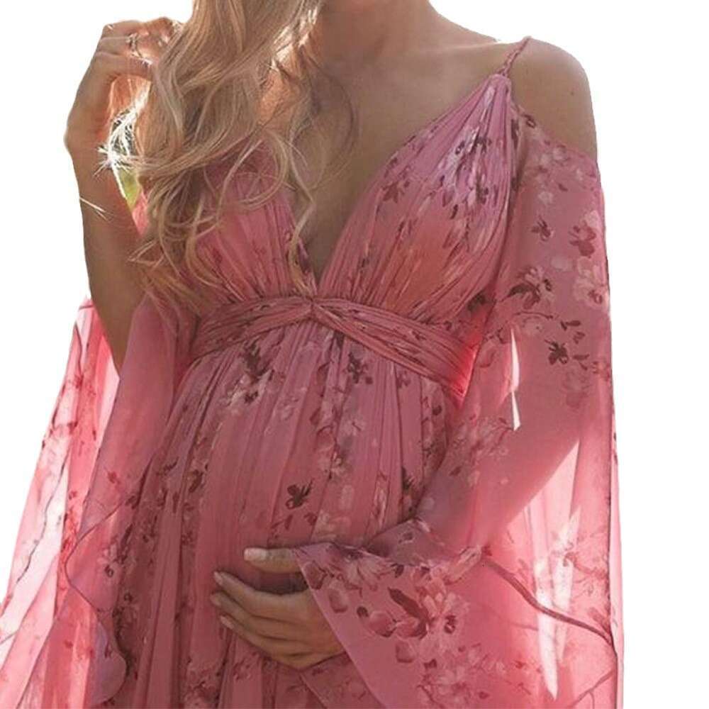 New Suspender Deep V-Neck Printed Sexy Bat Sleeves Pleated Or Length Long Skirt For Pregnant Women, Upper And Lower Ing Fabric