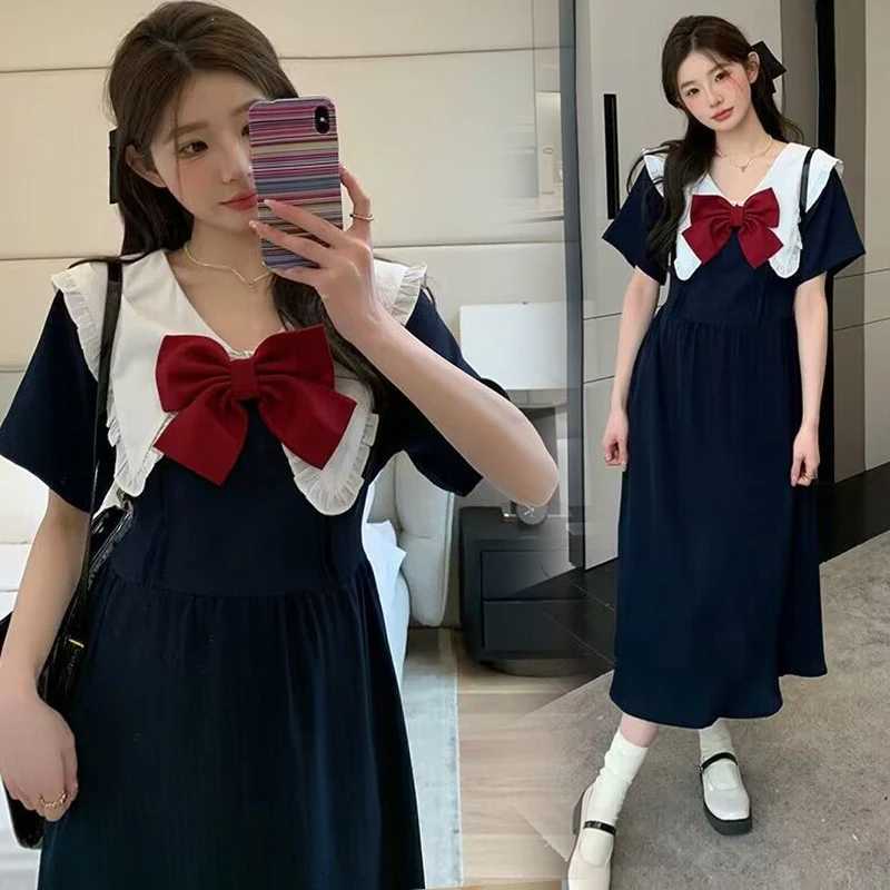 Summer Preppy Sle Bowknot Sailor Collar Materni A-line Dress Fashion Long Loose Pregnant Woman Preppy Sle Dress WholesaleXJ241213