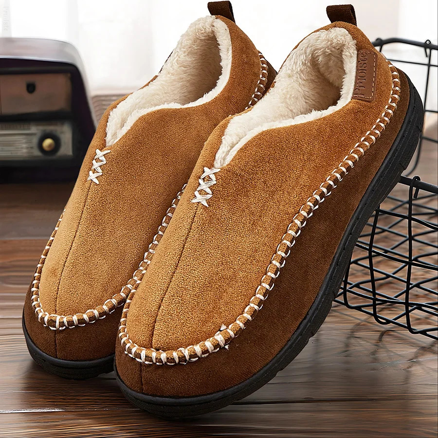 House Slippers For Men Sewing Patchwork Memory Foam Indoor Outdoor Shoes Warm Plush Street Winter NonSlip Big Size 241214
