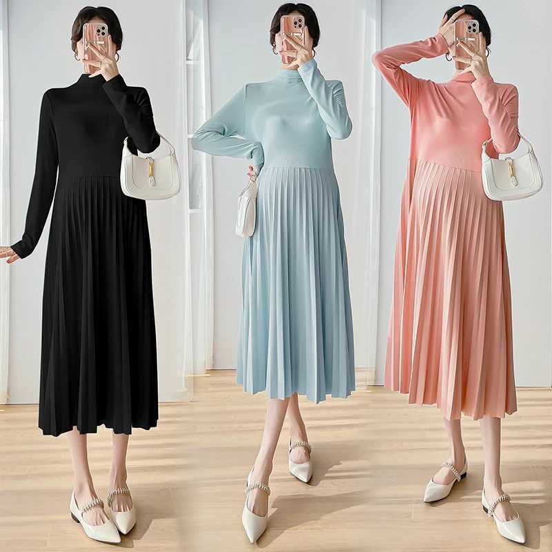 Korean Sle Autumn Pregnant Woman Pleated Dress Long Sleeve Turtleneck Fashion Materni Elegant Dress Pregnancy Evening DressXJ241213