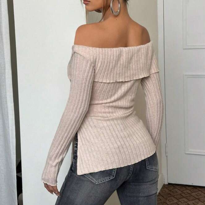 Hot selg European American 2023 autumn and winter new item solid color long sleeved one collar hem slit top for women