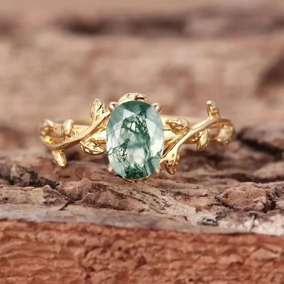Real 925 Sterling Silver Cocktail Oval Shaped Moss Agate Rings Leaf Branch Ring For Woman Wedding Gifts High Quantity Jewelry 241214
