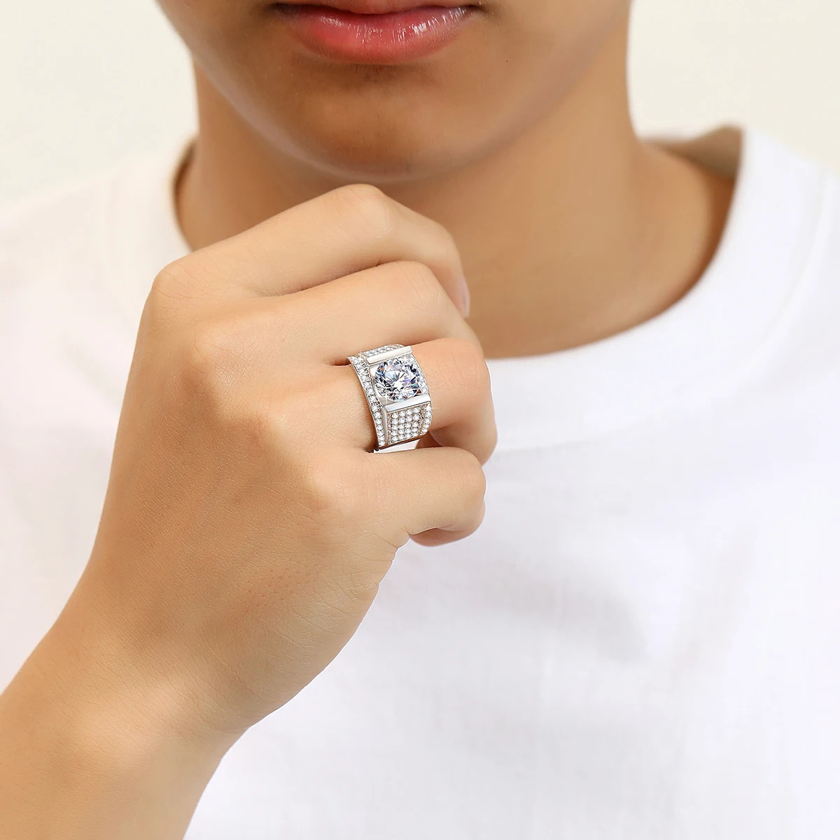 High Quality Real Silver Mens Ring 4ct 10mm Round Cut Hip Hop Wedding Jewelry With Certificate Man Engagement Gift 241214