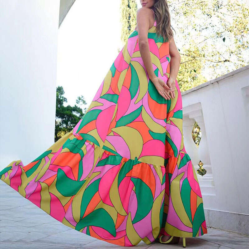 Summer European And American Foreign Trade New Commuting French Long Skirt Deep V-Neck Bareback Strap Style Printed Dress