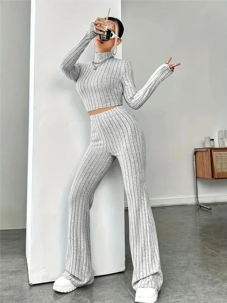 2024 Spring Womens Fashion Knitted Long Sleeve Waist Set Hoodie High Collar Loose Pants Two Piece 241203