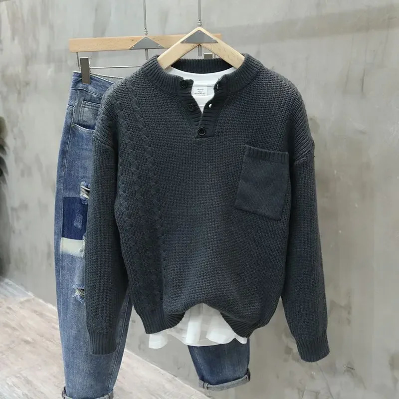 American Retro Henley Collar Pullover Sweater Korean Elegant Mens Trendy Oversized Pocket Versatile Casual Aesthetic 241213