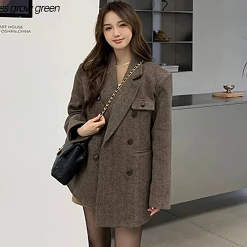Gidyq Elegant Suit Woolen Coat Women Autumn Winter Loose Thicken Jackets Korean Fashion Streetwear Female Wool Jacket 241209