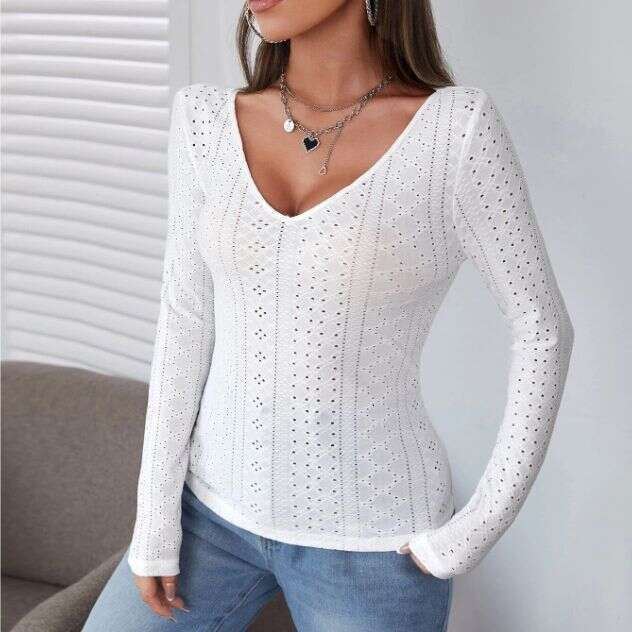 European American women's short 2023 autumn and winter new item slim fit V-neck long sleeved solid color eyelets T-shirt for women