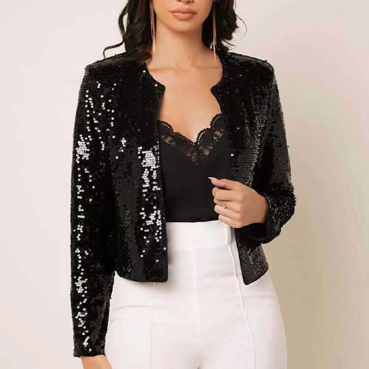 Spring New European And American Women's Fashion Stand Up Collar Color Blocked Glitter Short Casual Versatile Small Coat