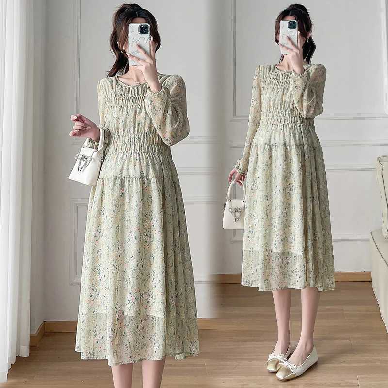 2024 Spring Materni Chiffon Dress Long Lantern Sleeve O-neck Fashion Printed Pregnant Woman Floral Dress Pregnancy Beach DressXJ241213