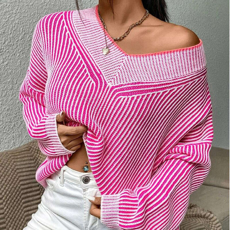 European American autumn and winter V-neck loose fitting slimming bat sleeve striped contrasting pullover sweater top