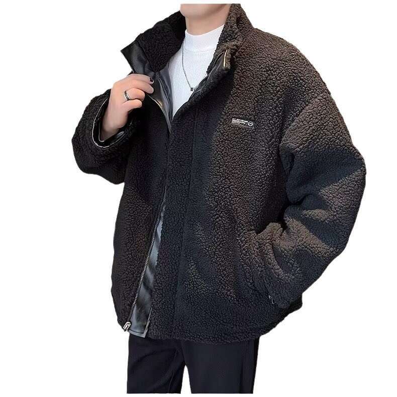 Men's Coat For Autumn Winter, Wearing Lamb Wool Spliced Clothes On Both Sides, Stand Up Collar Jacket, Loose And Fluffy Warm Cotton Clothes, Tren