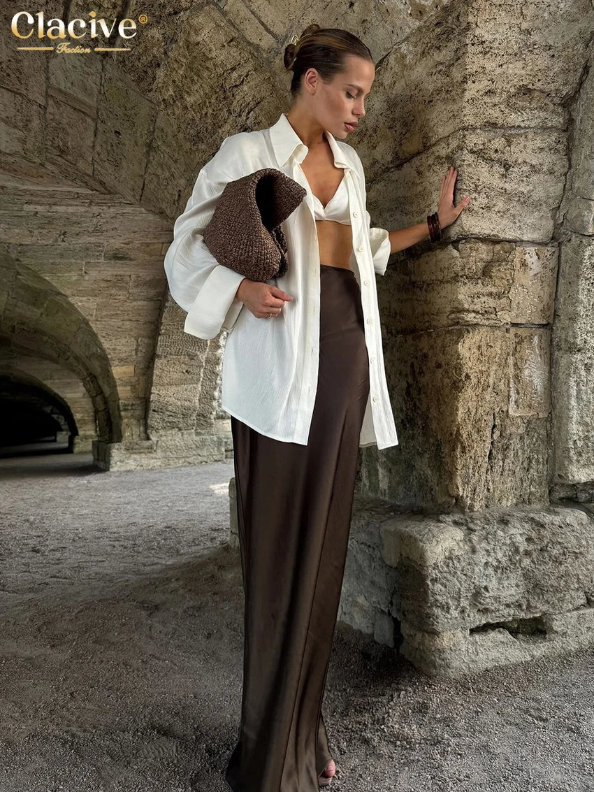 Clacive Fashion Loose Brown Satin Womens Skirt Elegant High Waist Maxi Skirts Ladies Casual Simple Skirt Female Clothing 2024 241214