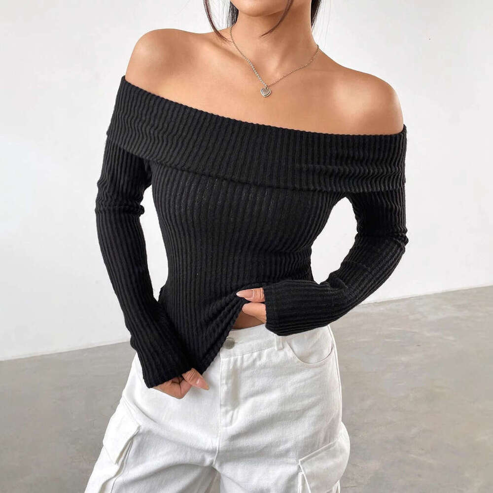 2024 Autumn European and American New Off Shoulder Short Long Sleeve Top y Spicy Girl One Neck Knitted Shirt