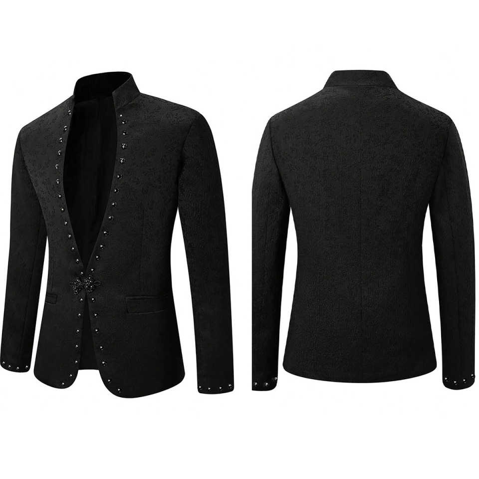 Men's Wedding Tuxedo Suit Separates - Custom Made, No Lapel, Lace Applique Jacket, One Button, Pockets, Formal Prom Party, Tailored Handsome