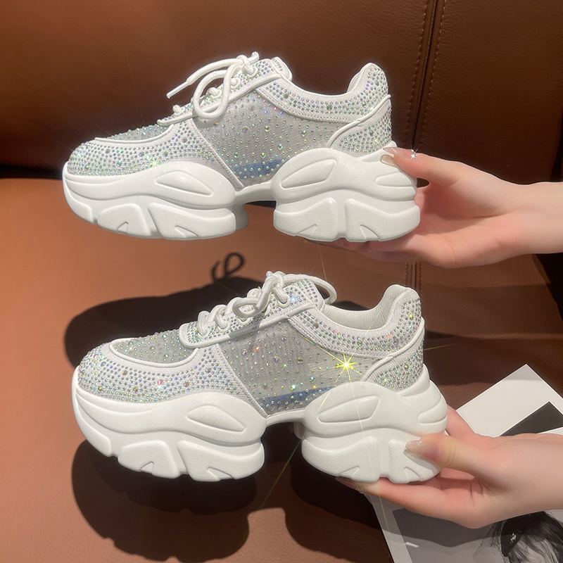 Women Fashion Skate Sneakers Women Thick Soled Shiny Shoes Sequin Increase Height Casual Shoes Luxury designer Lace-up Shiny Rhinestone Chunky Platfor