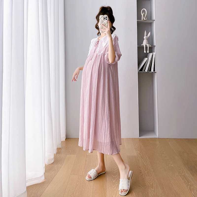 2024 Long Loose Materni Summer Dress Pink Puff Sleeve Sweet Lace Peter Pan Collar Pregnant Woman Chiffon Dress Holiday ClothesXJ241213
