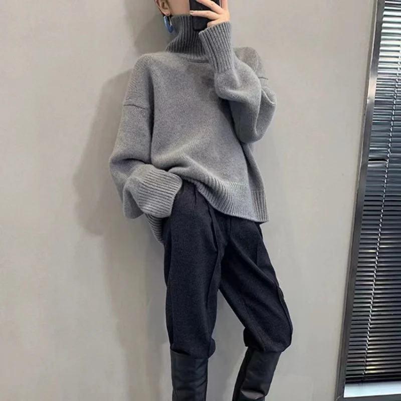 Pure wool knitted sweater for women turtle neck zipper autumn and winter loose plus size womens long sleeved Korean style tidal clothing 241211