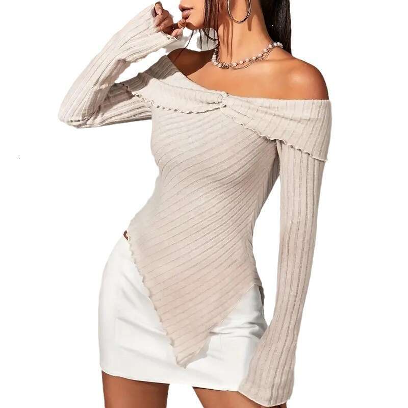 Hot selg European American 2023 autumn and winter new women's clothing solid color long sleeved one piece collar irregular hem top for women
