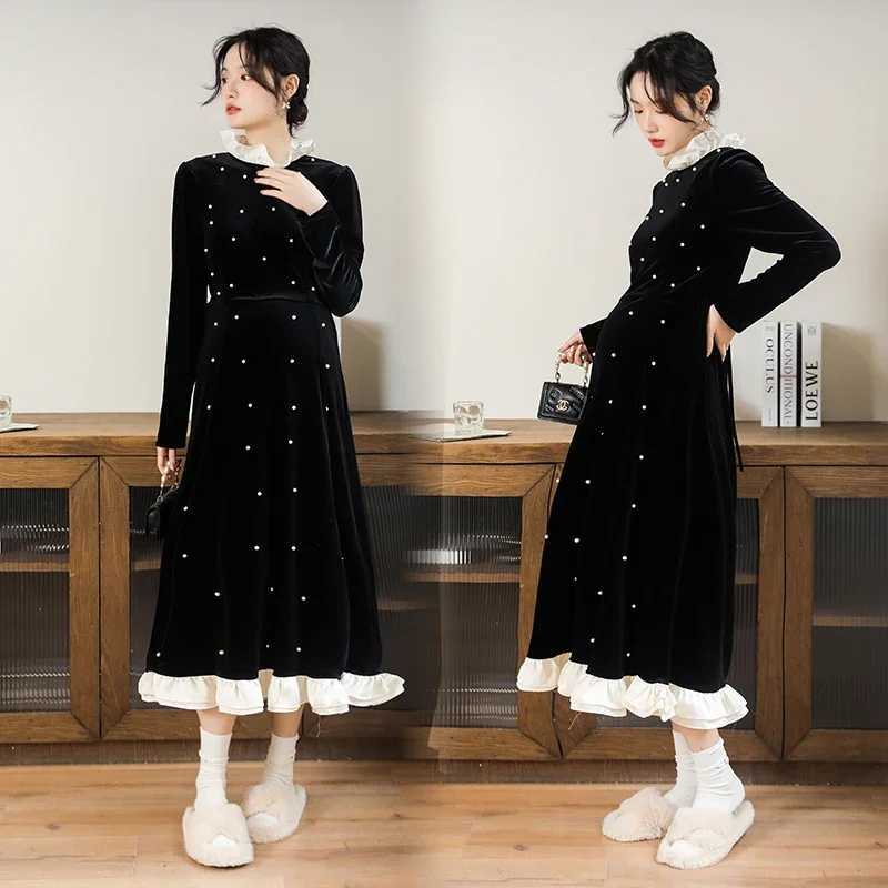 2024 Spring Pregnant Womens Retro Sle Pearl Velvet Long Dress Ruffles Collar Patchwork Materni Par Dress Evening ClothesXJ241213