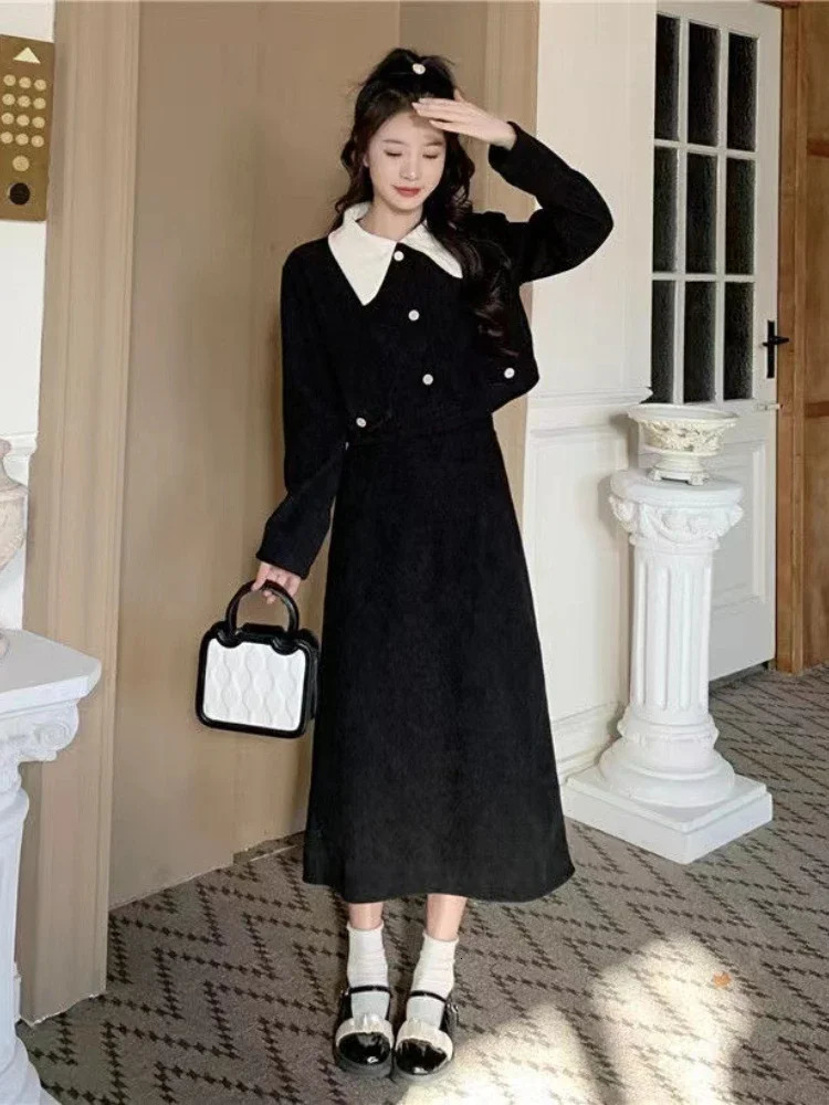 Fashion Two Piece Set Autumn Corduroy Versatile Solid Lapel Button Pocket Small Fragrant Coat Slim Aline Half Length Skirt 241211