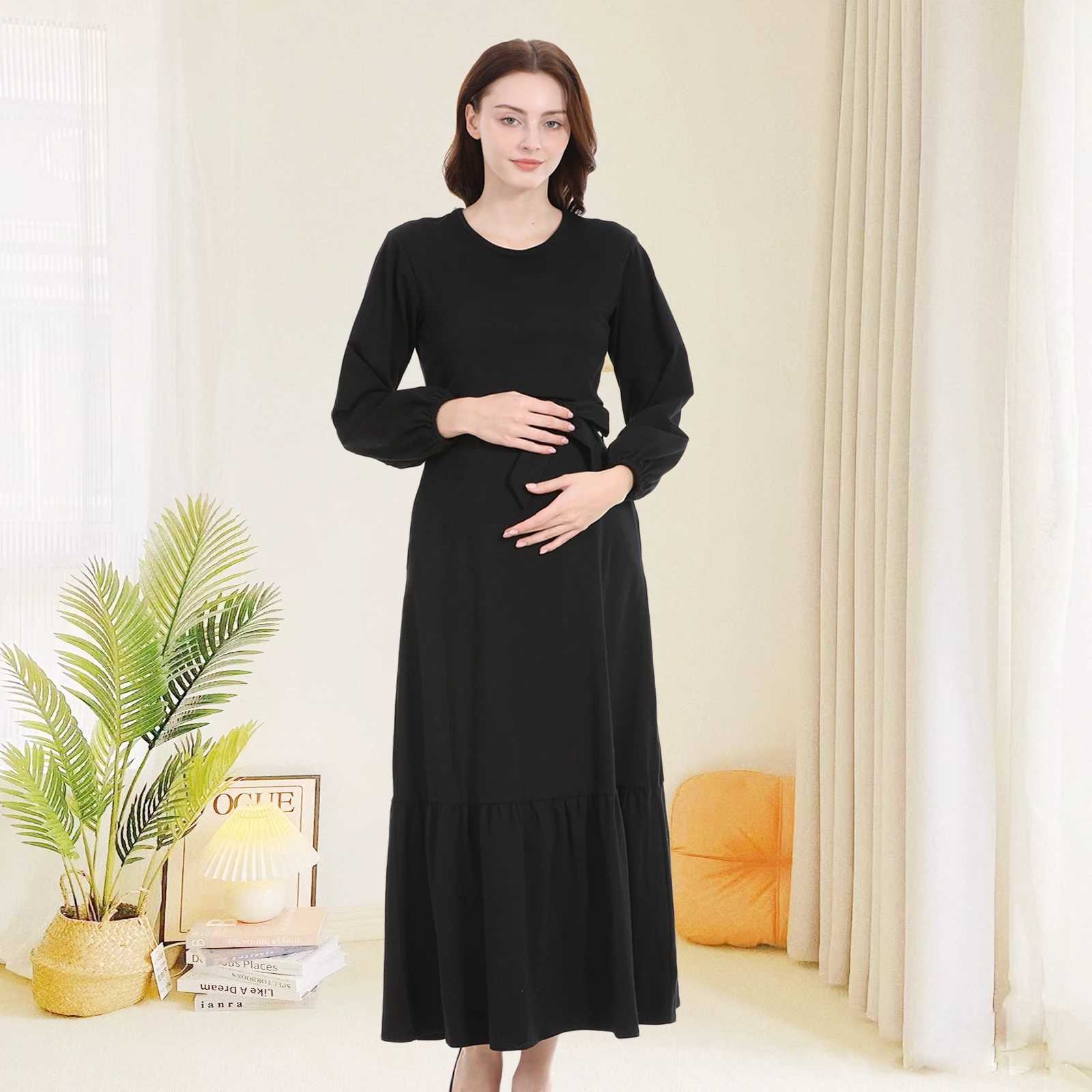 Solid Materni Dress Breastfeeding Dresses Nursing Clothes Casual Spring Autumn Pleated Long Dress For Pregnant Women Plus SizeXJ241213