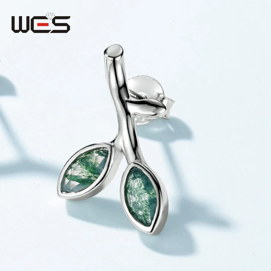 WES 925 Sterling Silver Horse Eye Moss Agate Stud Earrings for Woman Leaf Wedding Gifts Fine Jewelry Rhodium Plated 241214