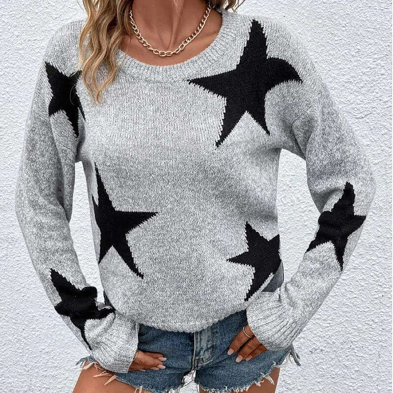 2024 European American autumn and winter women's wearing round neck long sleeved five-star jacquard pullover knitted sweater