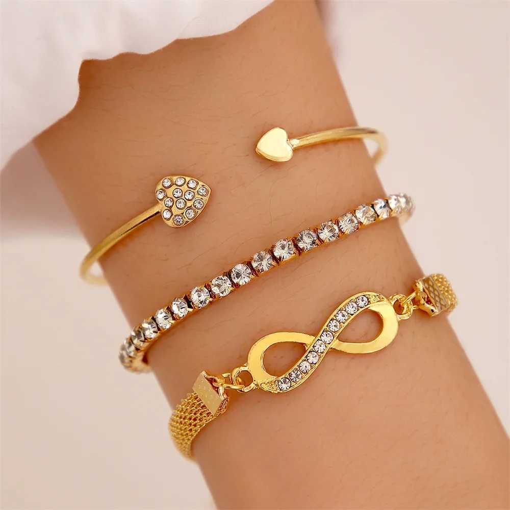 Vintage Infinity Heart Crystal Rhinestone Bracelet Set for Women Female Gold Color Metal Adjustable Bracelets Fashion JewelryXJ241214