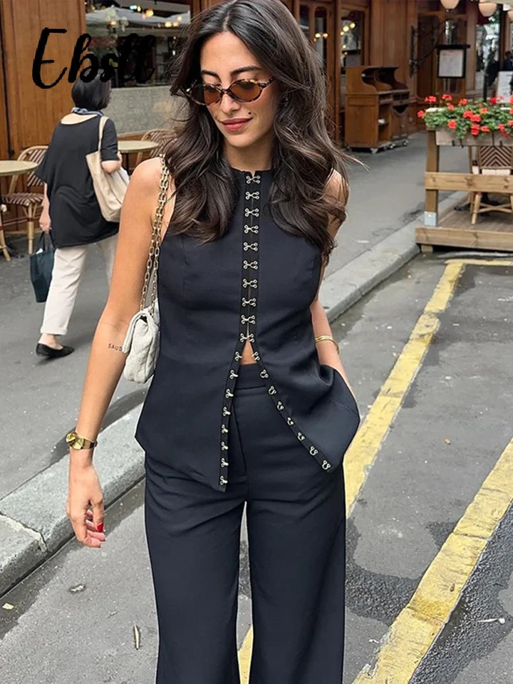 Solid Office Trousers Set Women Oneck Sleeveless Single Breasted Slim Vest High Waist Straight Pant 2024 Fashion Lady Outfit 241203