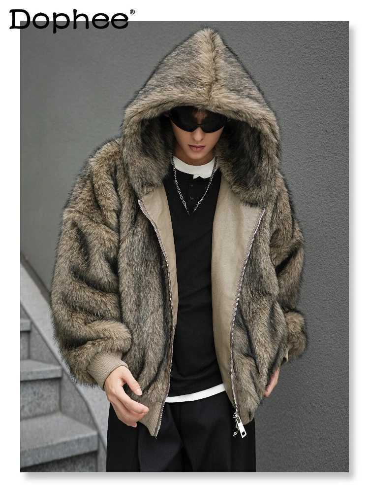 Mens 2024 Winter New Retro Fashion Artificial Fur Coat Mens Solid Color Long Sleeve Imitation Fur Hooded Cotton Mat High end Coat W241213