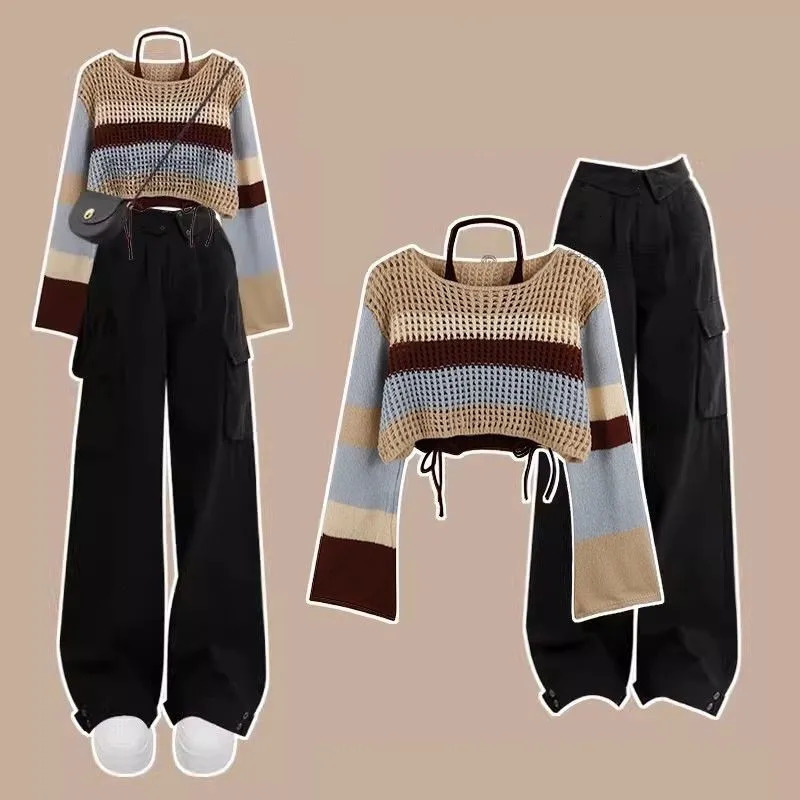 Womens Autumn Vintage Hollow Stripe Long Sleeved KnitwearStrapCargo Pants Suit Korean Elegant Sweater Trousers Matching Set 241203