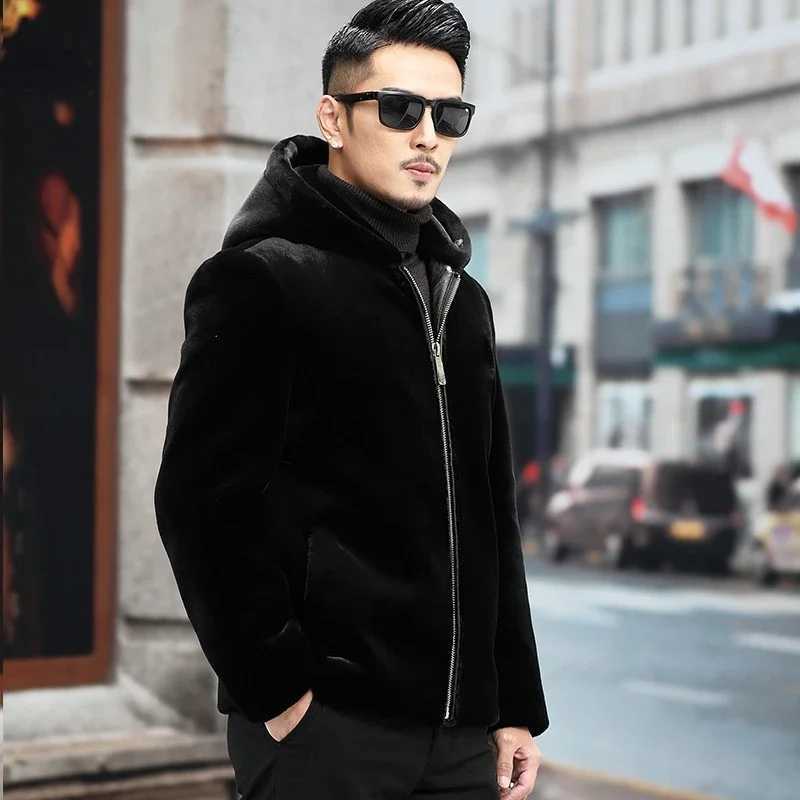 Mens winter faux fur hooded oversized jacket 5XL 6XL mens long sleeved thick zipper jacket mens jacket PU fluffy coat W241213
