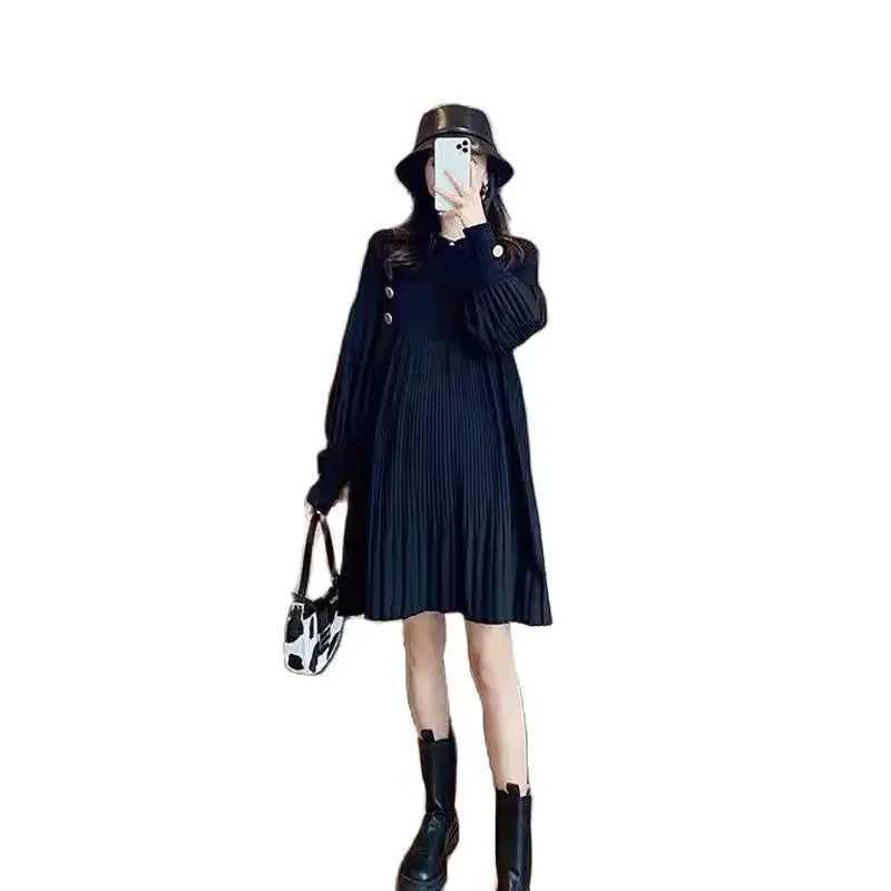 Pregnant Woman Spring Clothes Long Sleeve O-neck Knitting Patchwork Chiffon Pleated Dress Loose Pregnancy Dresses Black GreenXJ241213